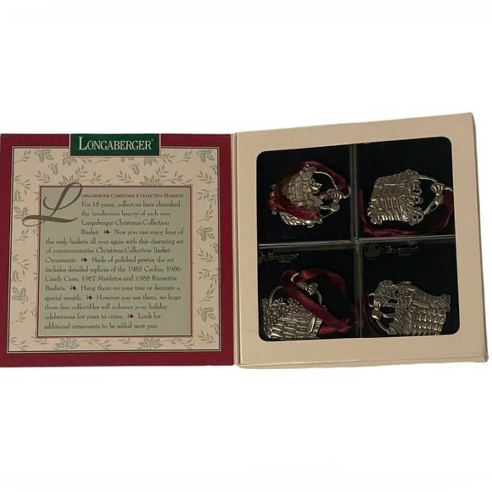 1995 Longaberger Basket Christmas Ornaments Pewter Set of 4 1985 - 1988 Holiday